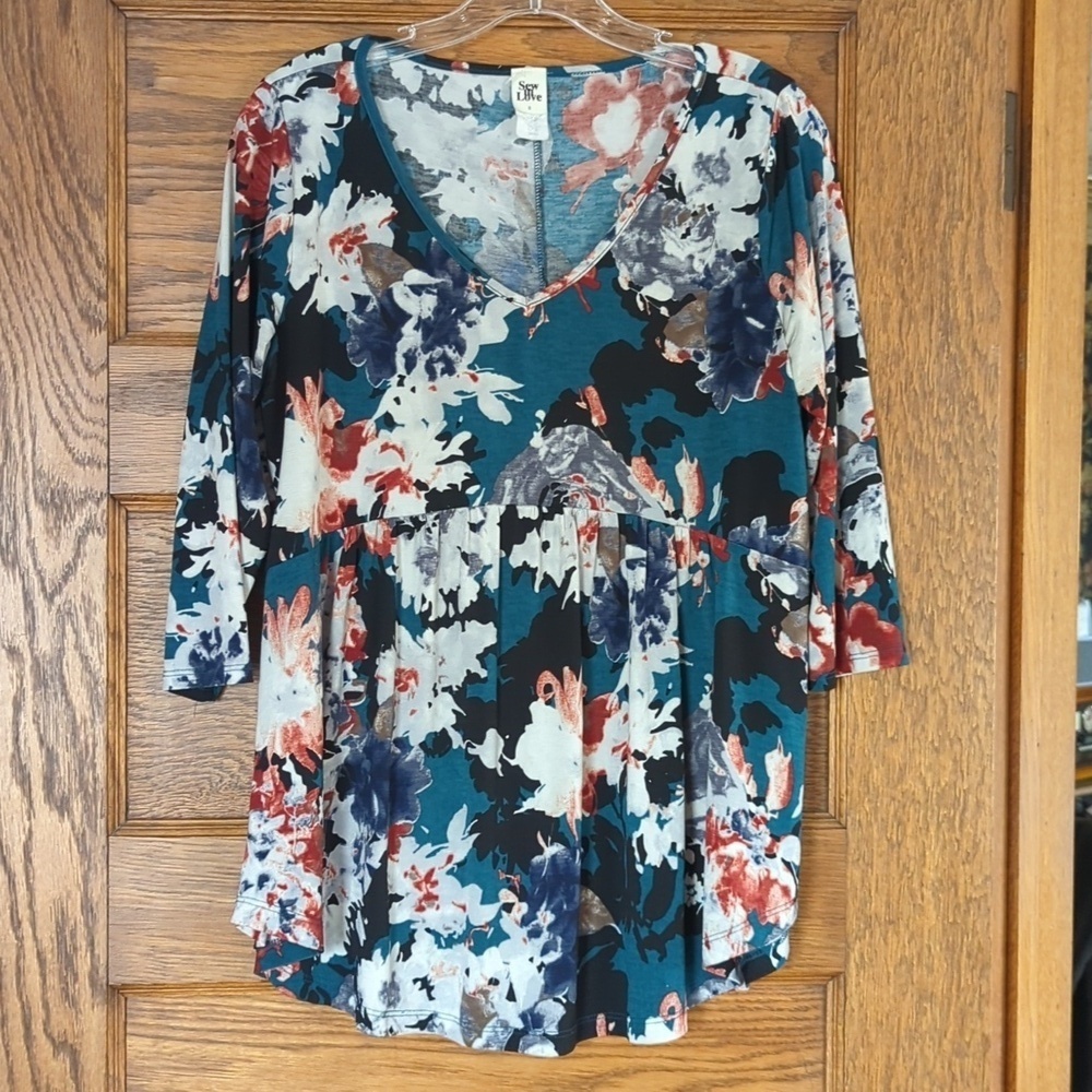 Sew In Love Floral Flowy VNeck 3/4 Sleeve Blouse Size Women's Small